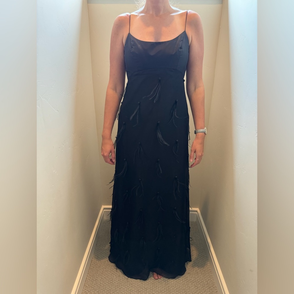 Elizabeth Fillmore Bergdorf Goodman evening gown with feathers